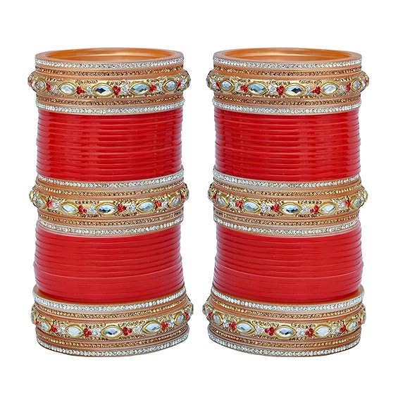 Tehzeeb Creations Bridal Bangle Set Red Golden & White Stone Chura Designer Fashion Choora Punjabi Chuda Set - Distacart