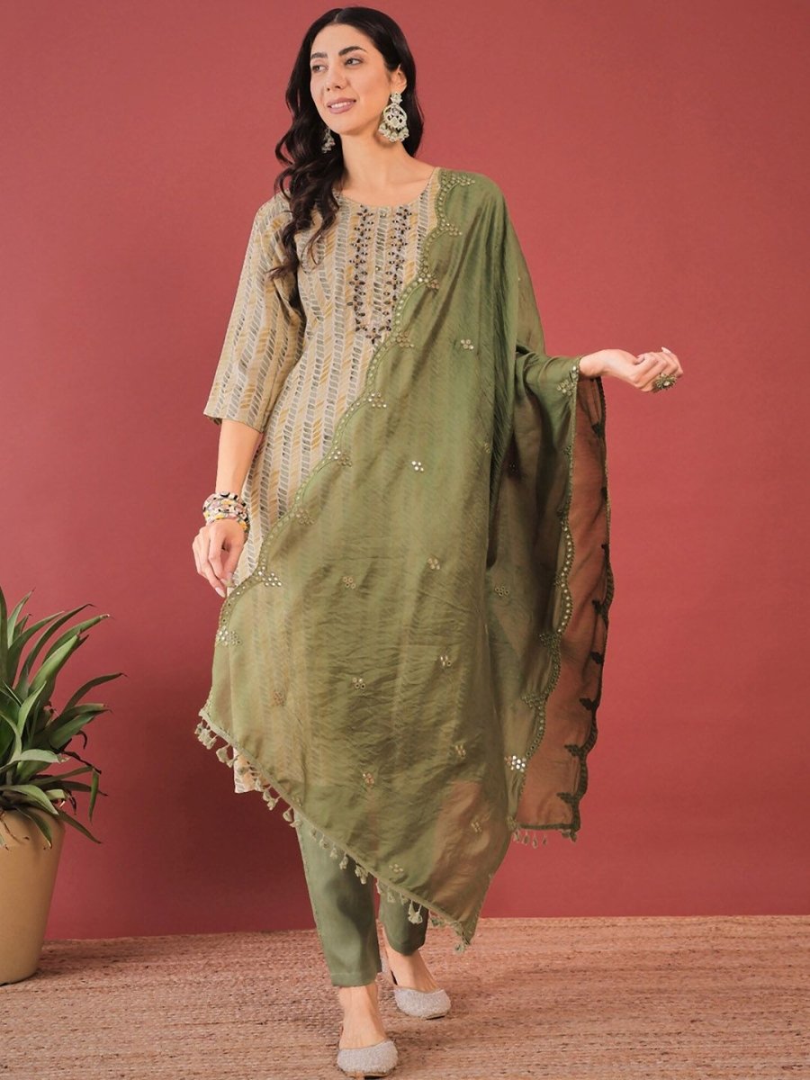 Anouk Ethnic Motifs Printed Round Neck Aari Work Kurta with Trousers & Dupatta - Distacart