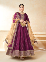 Thumbnail for Monjolika Fashion Purple Color Taffeta Silk Embroidered Anarkali Suit - Distacart