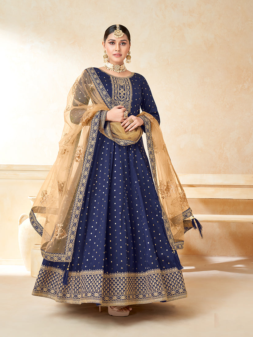 Monjolika Fashion Navy Blue Color Taffeta Silk Embroidered Anarkali Suit