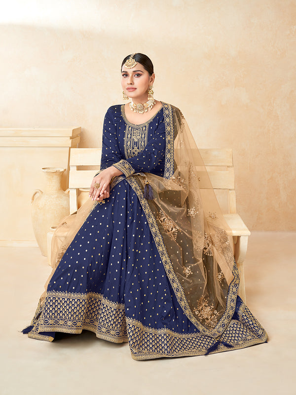 Monjolika Fashion Navy Blue Color Taffeta Silk Embroidered Anarkali Suit