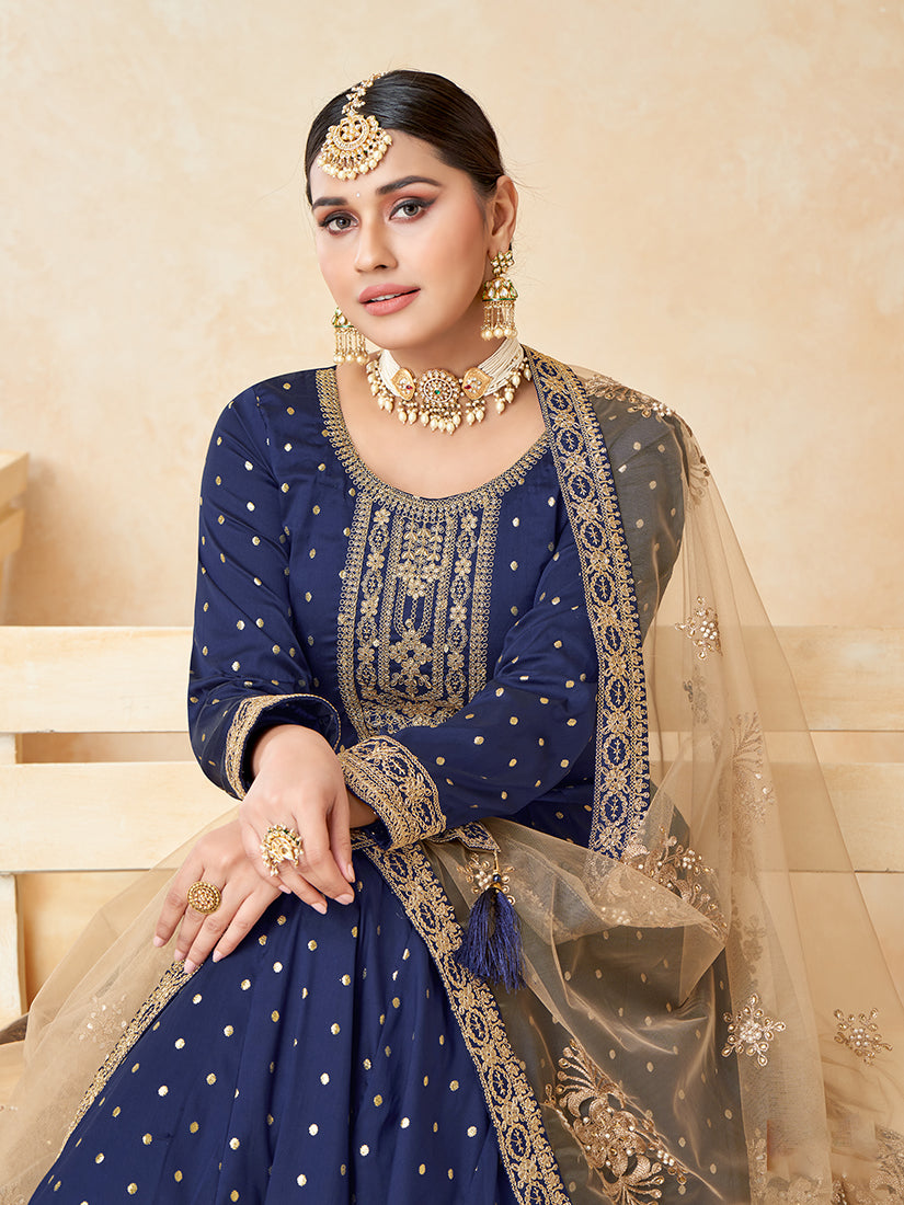 Monjolika Fashion Navy Blue Color Taffeta Silk Embroidered Anarkali Suit