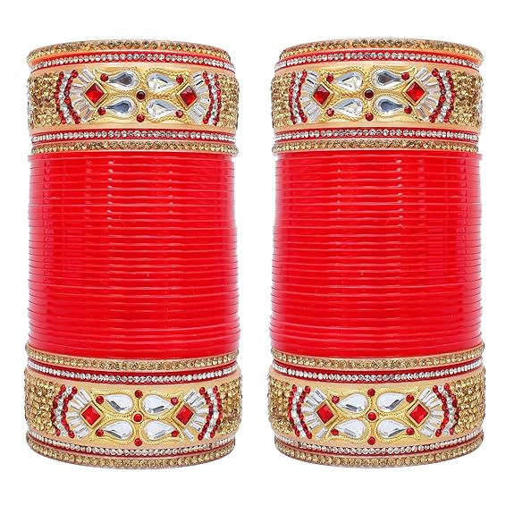 Tehzeeb Creations Bridal Bangle Set Designer Golden White & Red Stone Chuda Dulhan Wedding Choora Fashion Chura For Women - Distacart