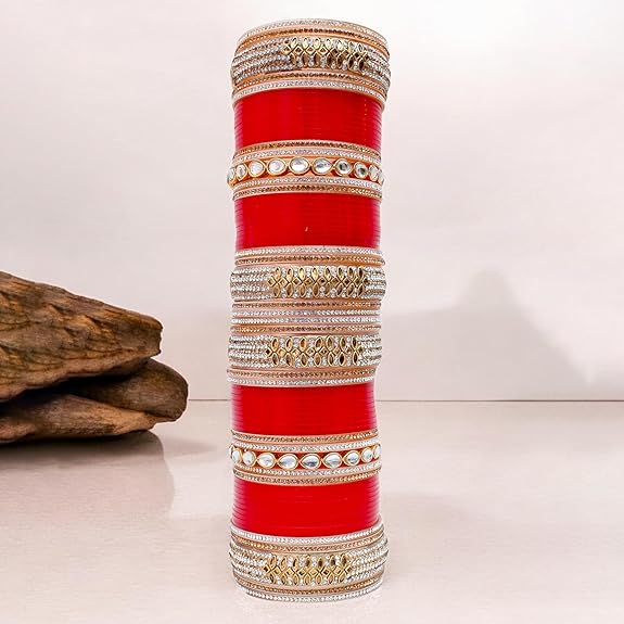 Tehzeeb Creations Bridal Bangle Set Red Designer White Kundan & Golden Stone Dulhan Chuda Fashion Punjabi Choora Wedding Chura For Women - Distacart