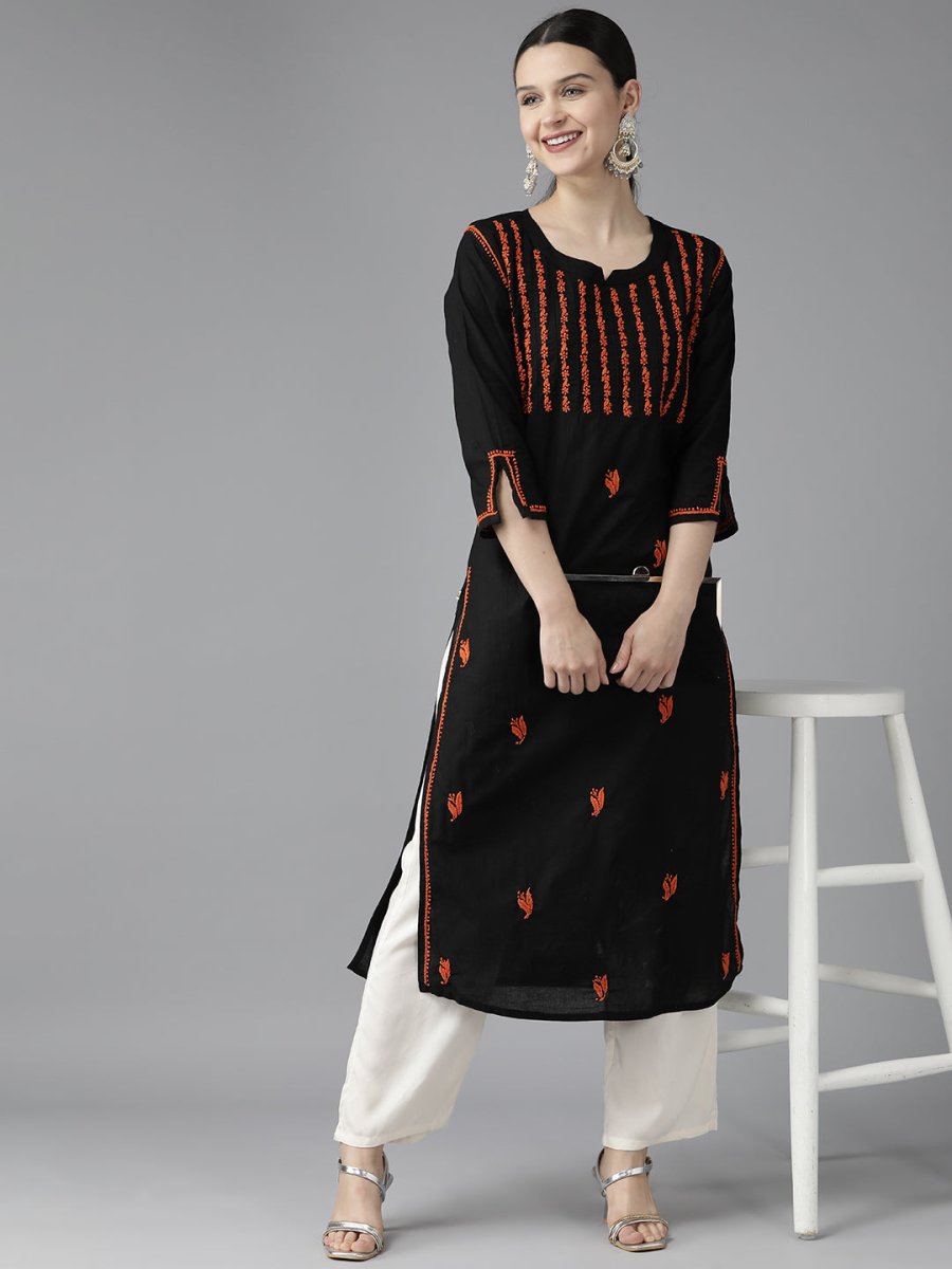 ADA Women Black & Orange Ethnic Motifs Embroidered Chikankari Kurta - Distacart