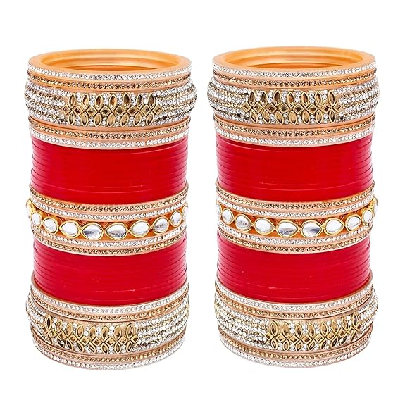 Tehzeeb Creations Bridal Bangle Set Red Designer White Kundan & Golden Stone Dulhan Chuda Fashion Punjabi Choora Wedding Chura For Women - Distacart