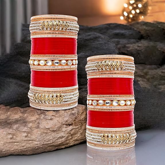 Tehzeeb Creations Bridal Bangle Set Red Designer White Kundan & Golden Stone Dulhan Chuda Fashion Punjabi Choora Wedding Chura For Women - Distacart