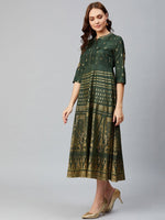 Thumbnail for AURELIA Women Green & Golden Printed A-Line Dress
