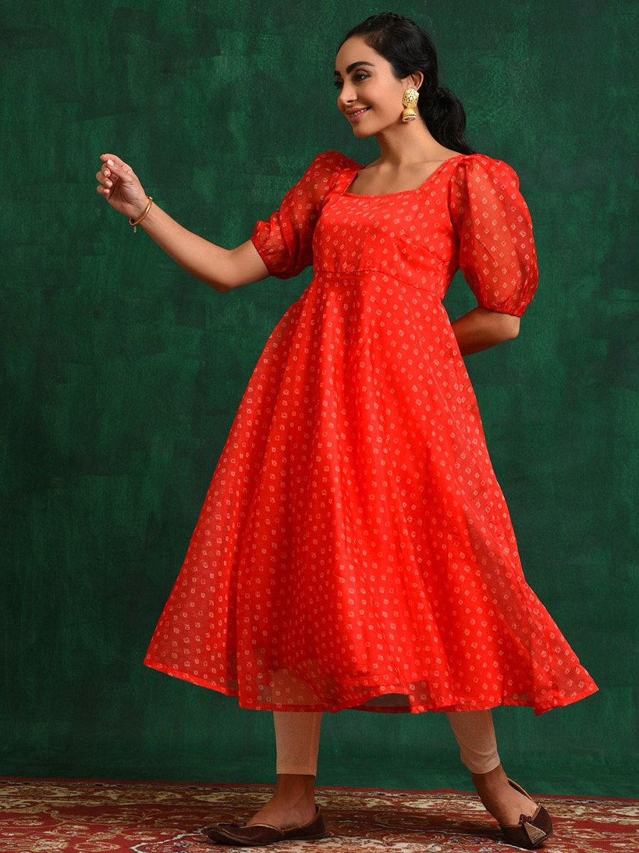 Aks Geometric Printed Sweetheart Neck Puff Sleeves Anarkali Kurta - Distacart