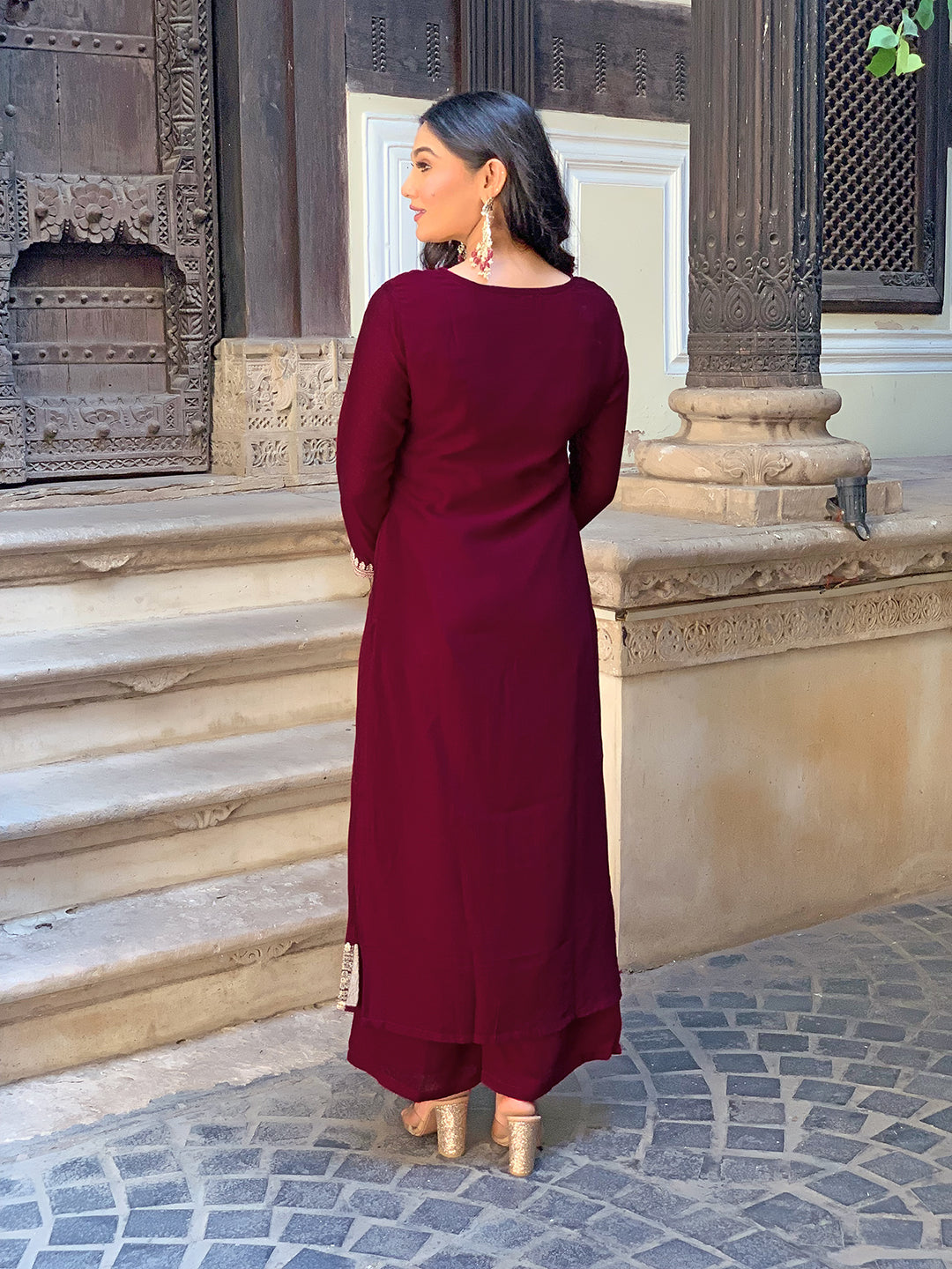 The52 Wine Embroidered Viscose Fabric Straight Kurta, Pant and Dupatta Set