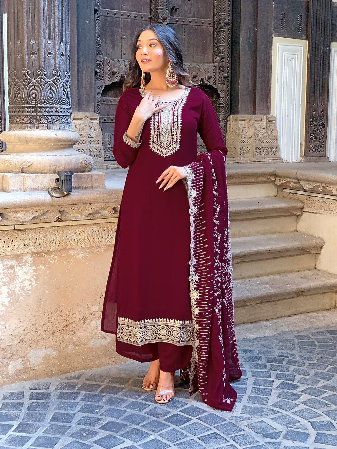 The52 Wine Embroidered Viscose Fabric Straight Kurta, Pant and Dupatta Set