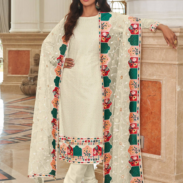 Monjolika Fashion Cream Embroidered Georgette Churidar Salwar Suit - Distacart