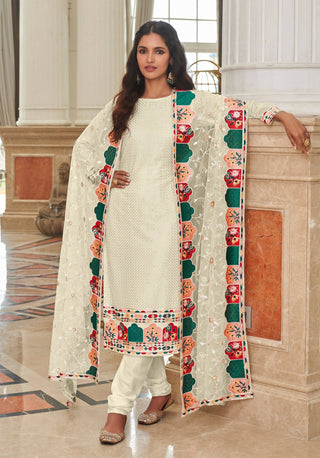 Monjolika Fashion Cream Embroidered Georgette Churidar Salwar Suit