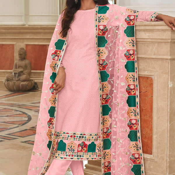 Monjolika Fashion Light Pink Embroidered Georgette Churidar Salwar Suit - Distacart