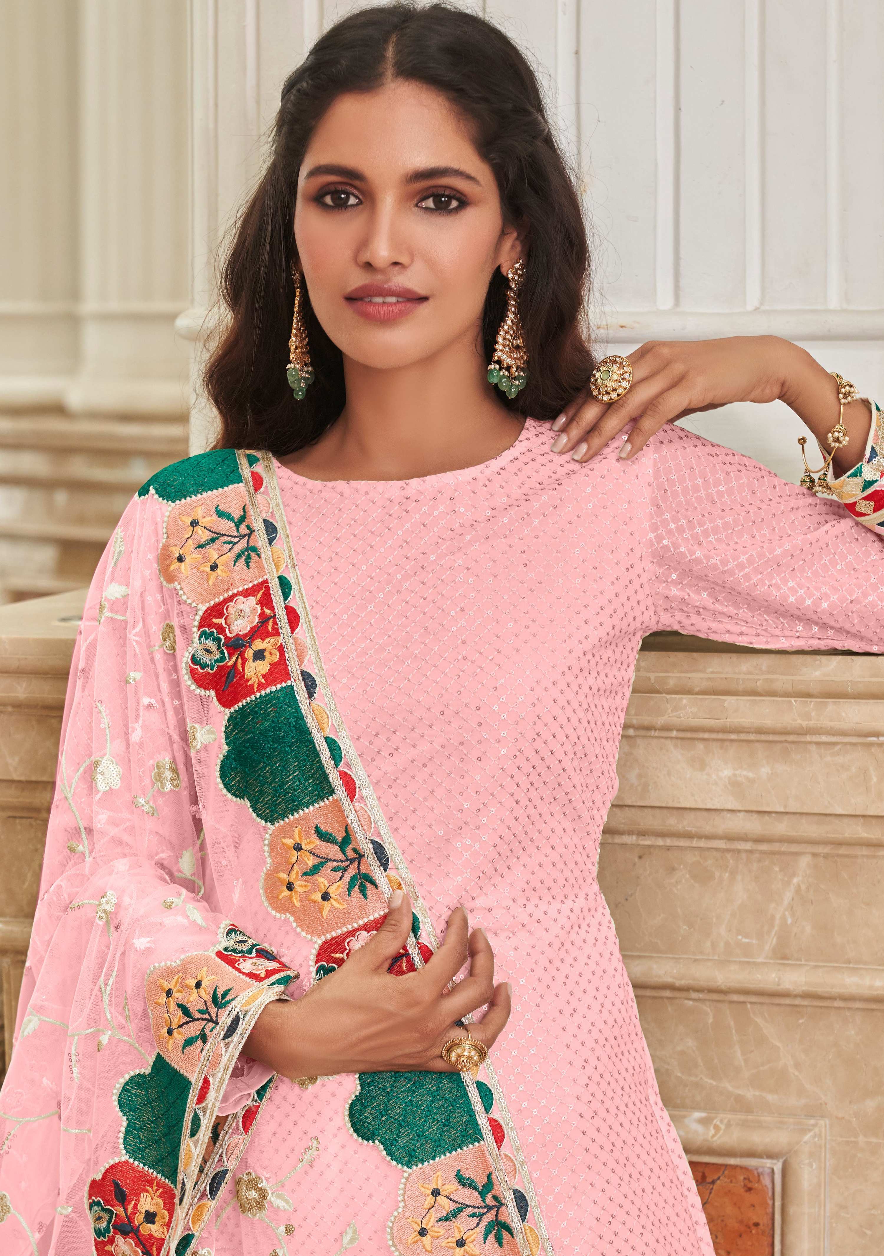 Monjolika Fashion Light Pink Embroidered Georgette Churidar Salwar Suit