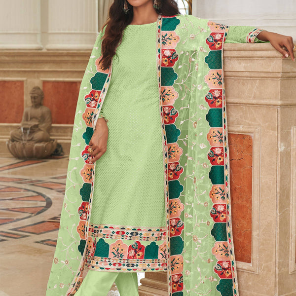 Monjolika Fashion Light Green Embroidered Georgette Churidar Salwar Suit - Distacart