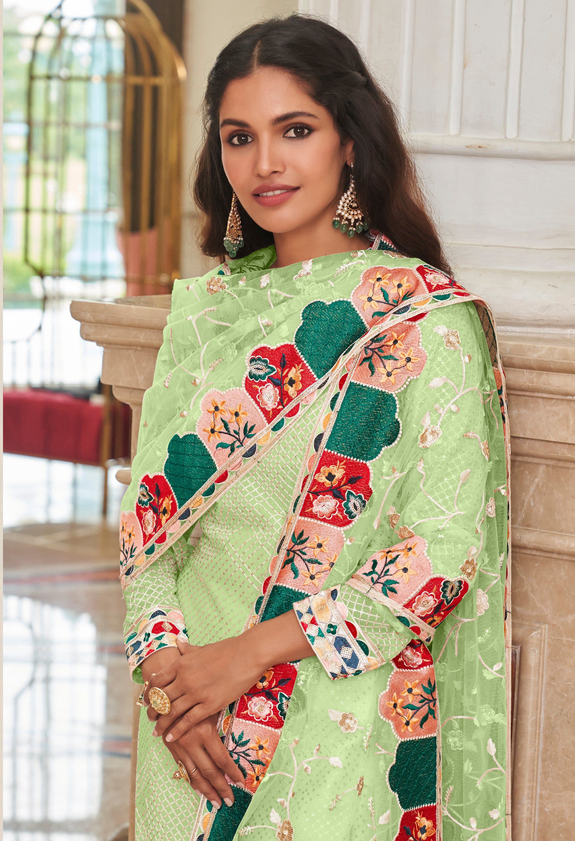 Monjolika Fashion Light Green Embroidered Georgette Churidar Salwar Suit