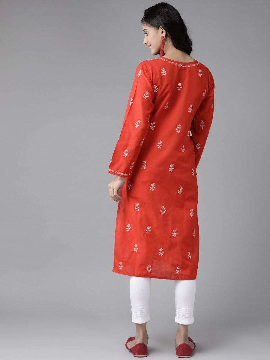 ADA Women Red & White Pure Cotton Chikankari Embroidered Handloom Kurta with Solid Trousers - Distacart
