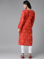 Thumbnail for ADA Women Red & White Pure Cotton Chikankari Embroidered Handloom Kurta with Solid Trousers - Distacart