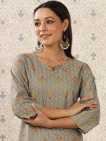 Thumbnail for Ode by House of Pataudi Grey & Red Floral Printed Notched Neck Kurta With Palazzos - Distacart