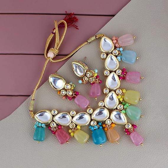 Tehzeeb Creations Meenakari Gold-Polished Multicolor pentagon shape Uncut Kundan Necklace Set - Distacart