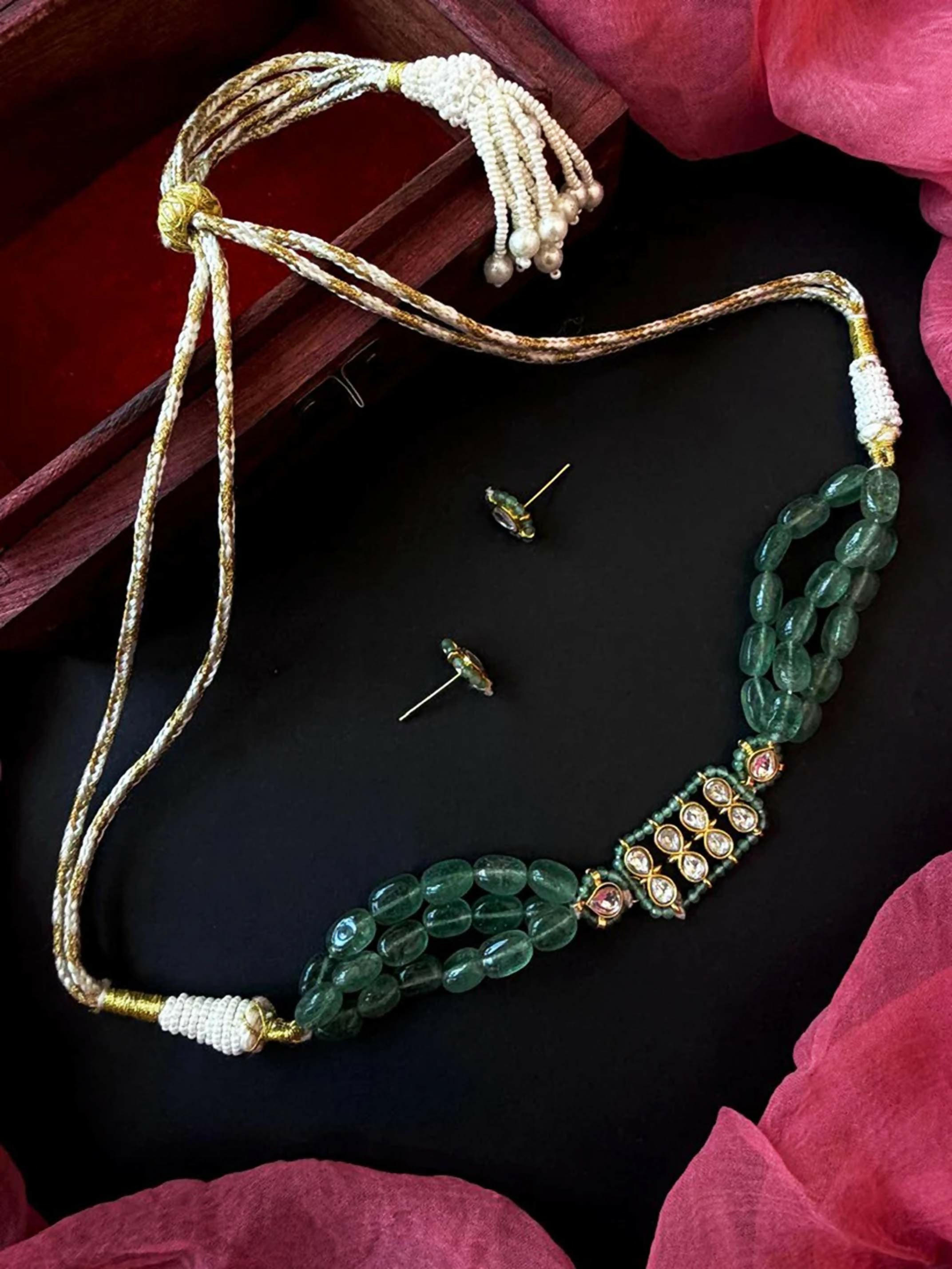 Joban Fashion Women Green Pachi Kundan Stone Beaded Choker Necklace