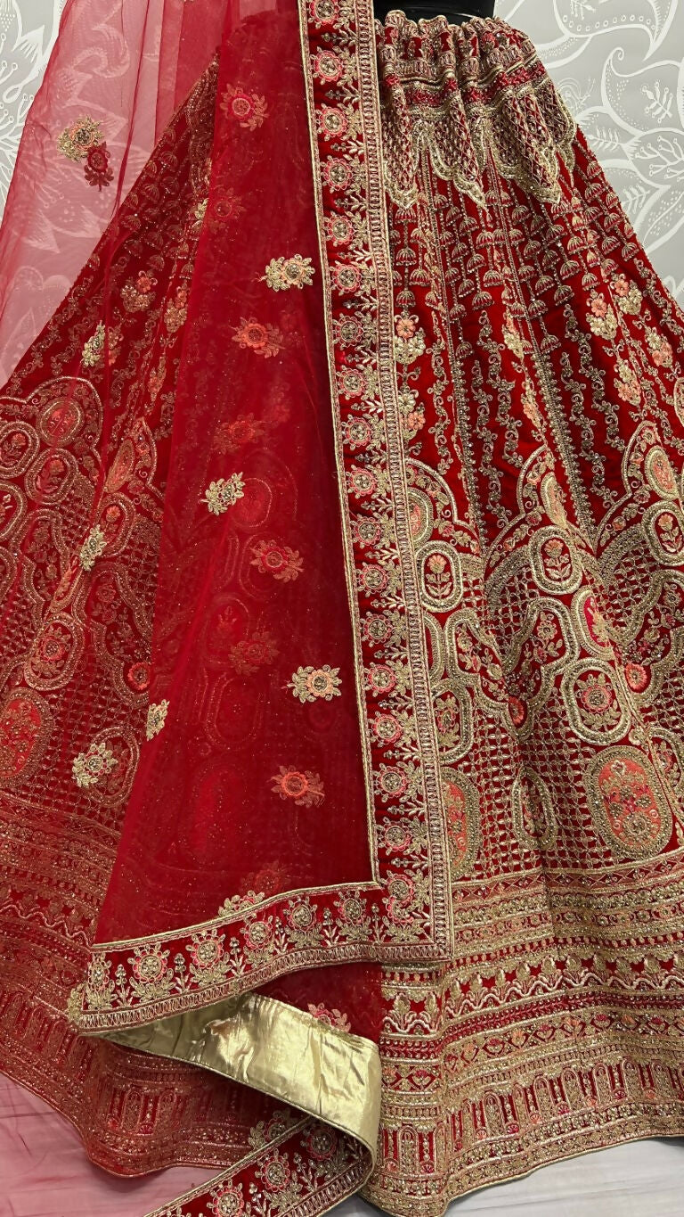 Jyoti Fashion Women's Red Velvet Multi Thread Embroidered with Zircon Diamond Wedding Lehenga Choli - Distacart