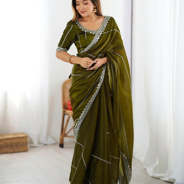 Joban Fashion Tissue Silk Olive Green Color Embroidery Saree