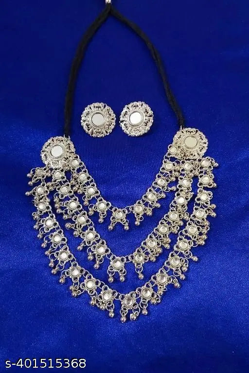 Tehzeeb Creations Women's Silver Colour Oxidised Necklace Set With Mirror Work - Distacart