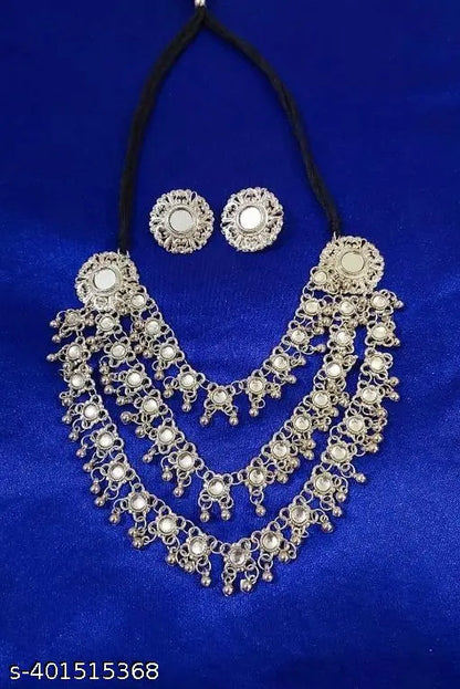 Tehzeeb Creations Women's Silver Colour Oxidised Necklace Set With Mirror Work - Distacart