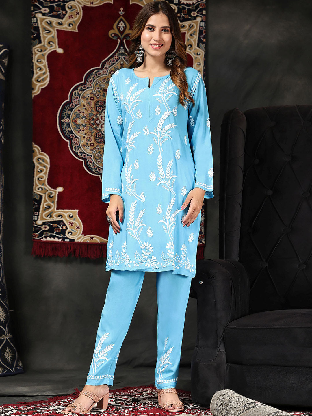 HOUSE OF KARI Floral Embroidered Chikankari Pure Cotton Straight Kurta With Trousers - Distacart