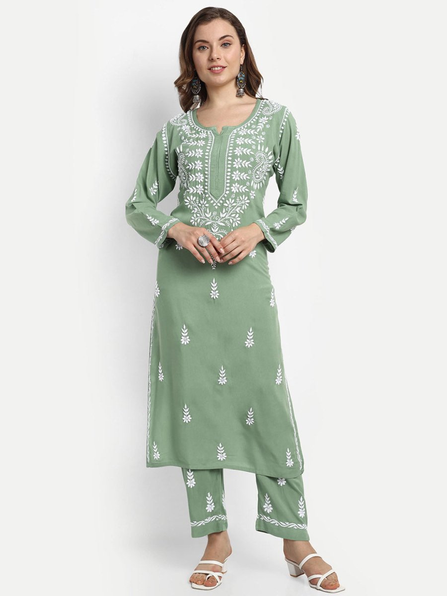 ADA Ethnic Motifs Embroidered Chikankari Kurta with Trousers - Distacart