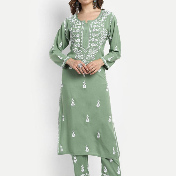 ADA Ethnic Motifs Embroidered Chikankari Kurta with Trousers - Distacart