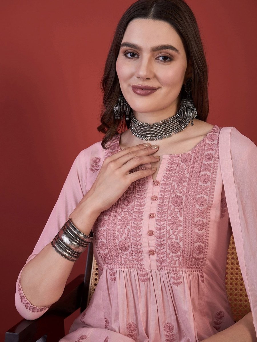 Anouk Floral Embroidered Thread Work Pure Cotton Kurta with Trousers & Dupatta - Distacart