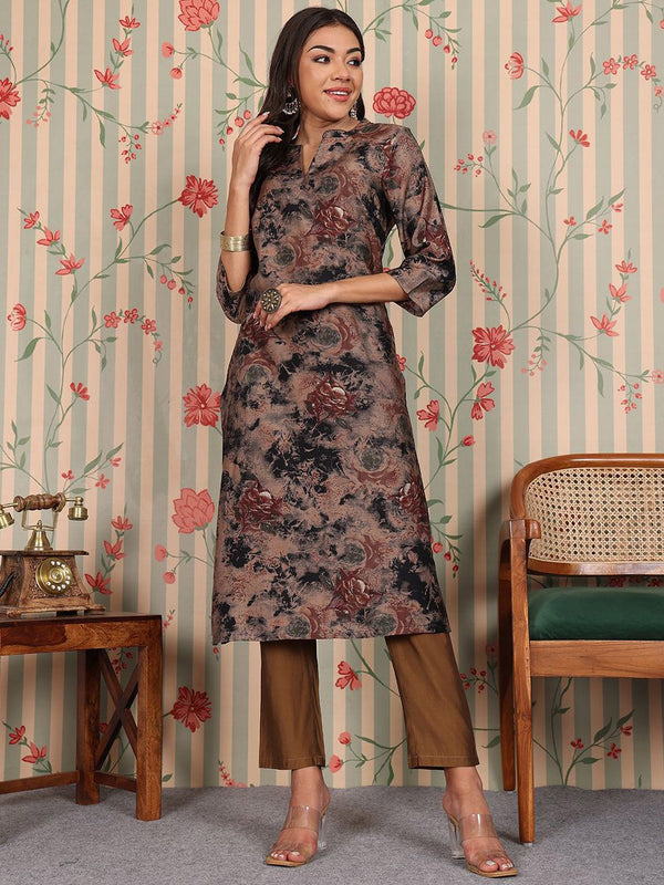 Ode by House of Pataudi Mandarin Collar Floral Printed Regular Chanderi Silk Kurta Set - Distacart