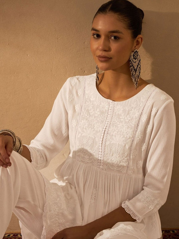 Anouk Women Embroidered Empire Chikankari Kurti with Pants