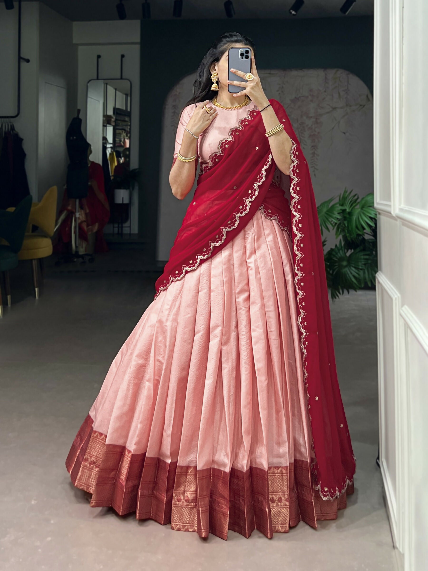 Lorenvalley Fashion Peach Cotton Silk Zari Weaving Work Lehenga Choli with Dupatta - Dista