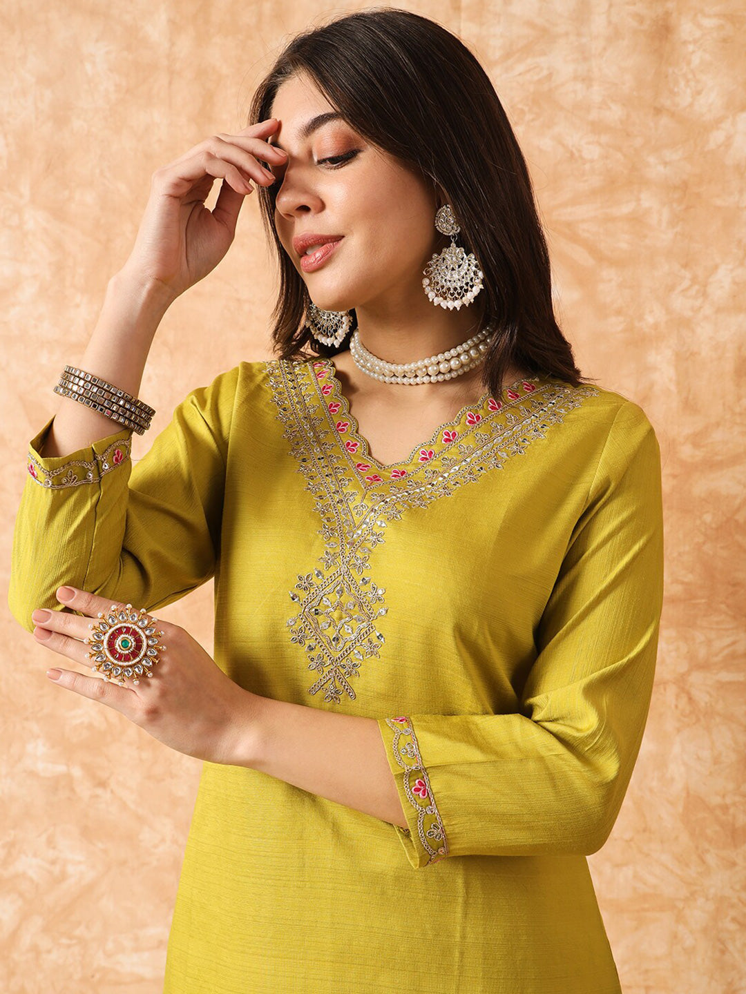 Kalini Floral Yoke Designed Regular Sequined Kurta With Trousers & Dupatta - Distacart