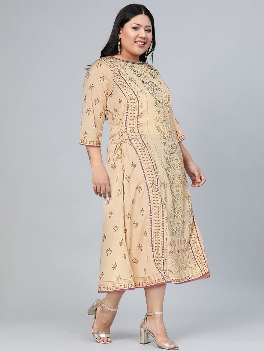 AURELIA Women Beige & Gold-Toned Ethnic Motifs A-Line Midi Dress