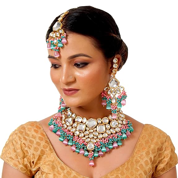 Tehzeeb Creations Meenakari Gold-Polished Multi Color Uncut dibbi Kundan Combo Necklace Set For Women - Distacart