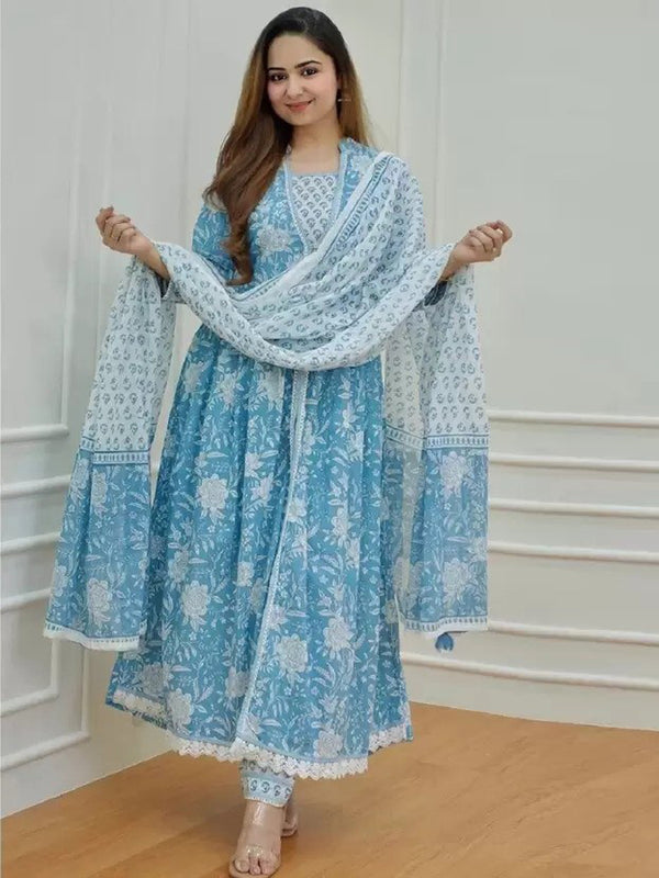 Kalini Floral Printed Pure Cotton Anarkali Kurta & Trousers With Dupatta - Distacart