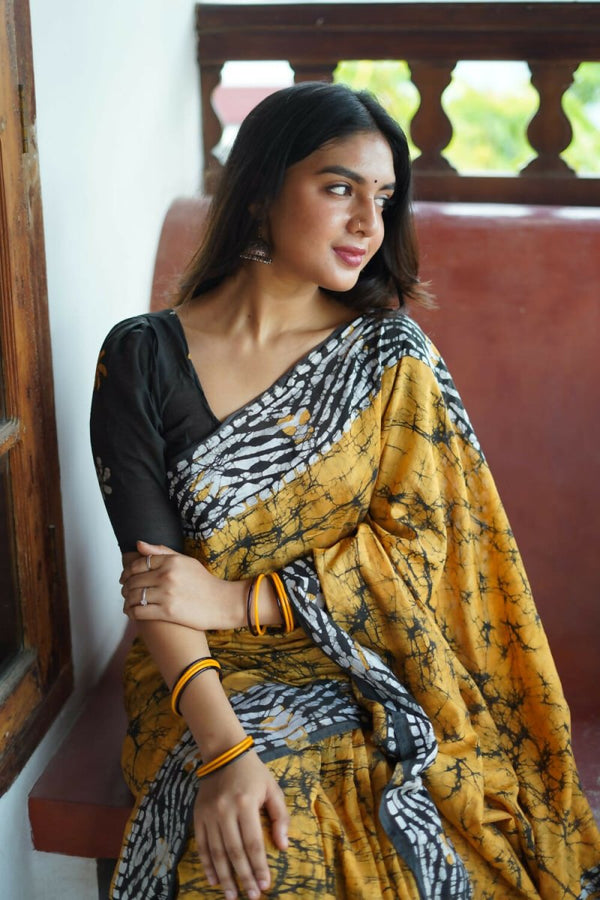 Arfa Fashion House Mustered Combination Pure Chanderi Cotton Batik Printed Saree - Distacart