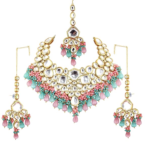 Tehzeeb Creations Meenakari Gold-Polished Multi Color Uncut dibbi Kundan Combo Necklace Set For Women - Distacart