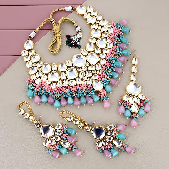 Tehzeeb Creations Meenakari Gold-Polished Multi Color Uncut dibbi Kundan Combo Necklace Set For Women - Distacart