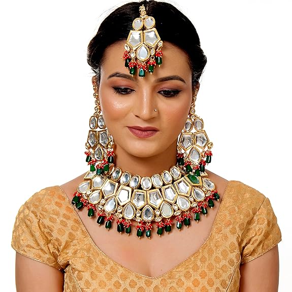 Tehzeeb Creations Back Meenakari Gold-Polished Multicolor Color Tika Earring Jewellery Set Uncut Big Faux Kundan Dibbi Kundan Choker Necklace Set - Distacart