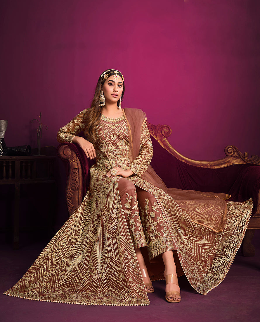 Monjolika Fashion Peach Sangeet Net Designer Salwar Suit