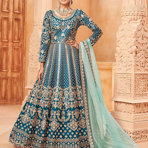 Monjolika Fashion Teal Color Art Silk Embroidered Anarkali Salwar Kameez - Distacart