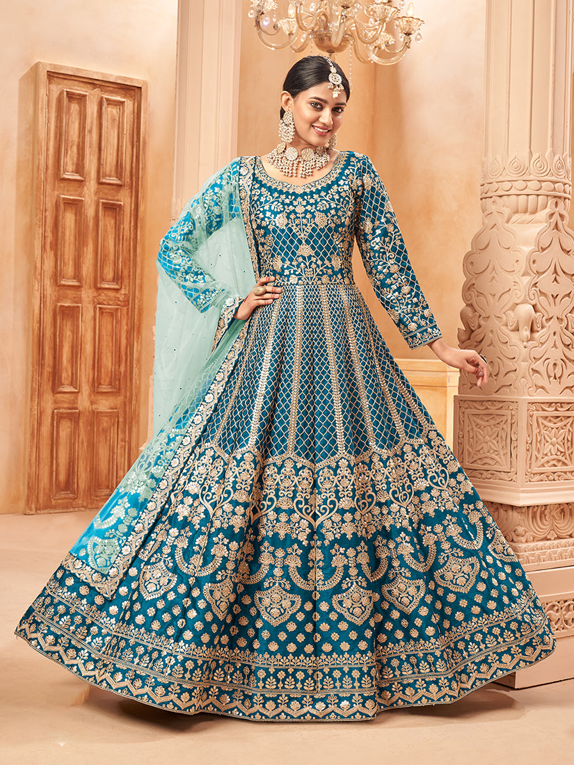 Monjolika Fashion Teal Color Art Silk Embroidered Anarkali Salwar Kameez