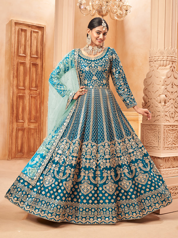 Monjolika Fashion Teal Color Art Silk Embroidered Anarkali Salwar Kameez