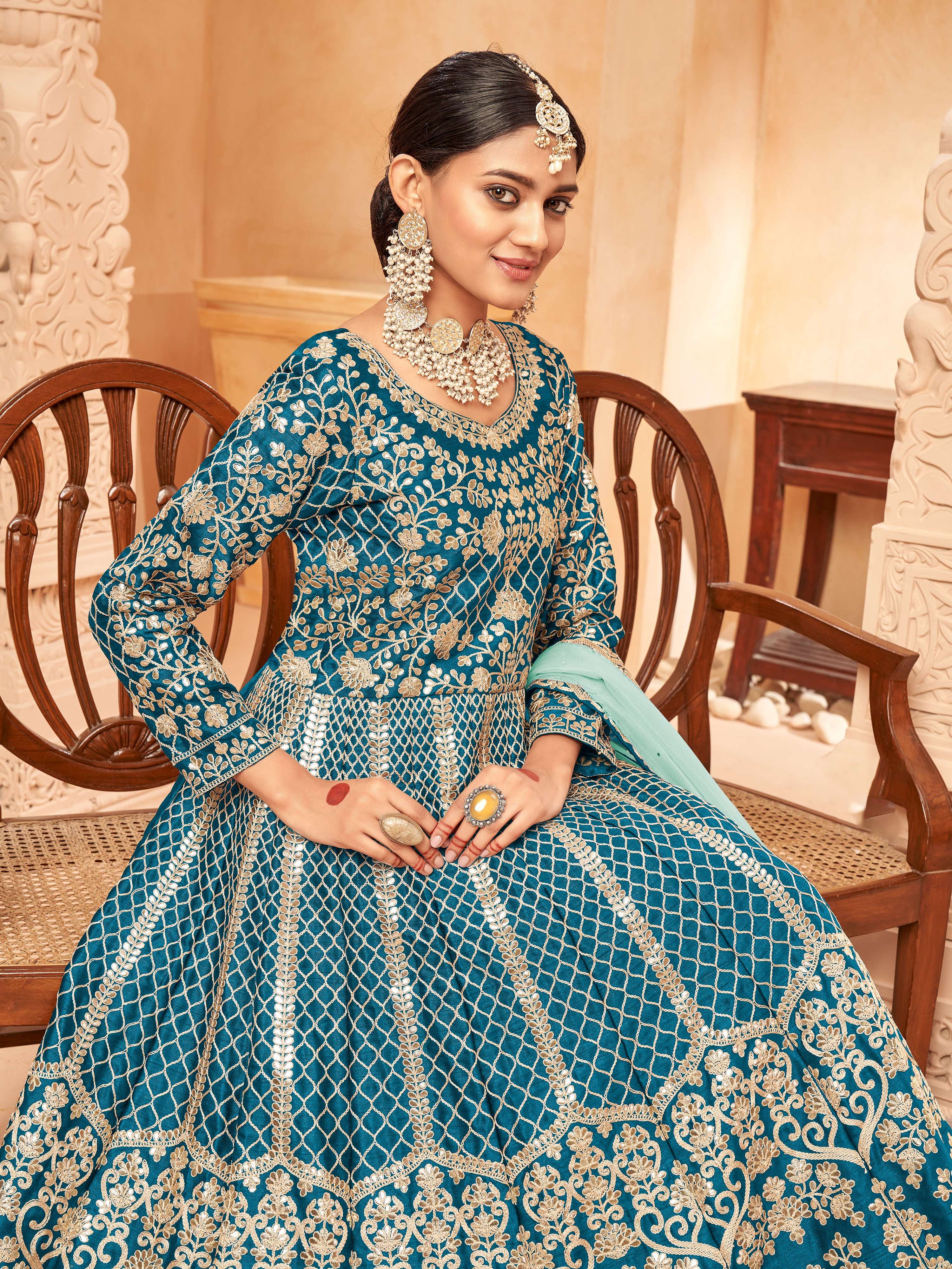 Monjolika Fashion Teal Color Art Silk Embroidered Anarkali Salwar Kameez